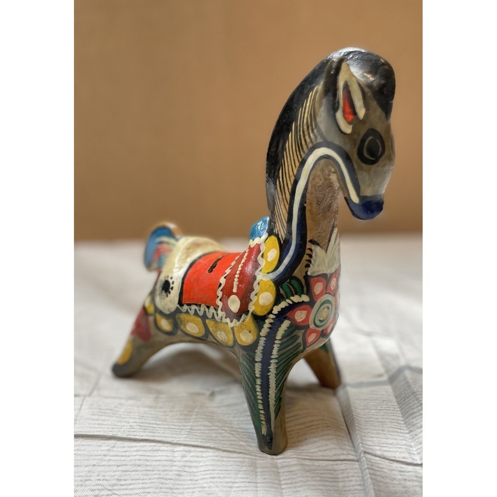vintage Zebra painted Mexican clay pottery souvenir Multicolor Decor Horse MCM